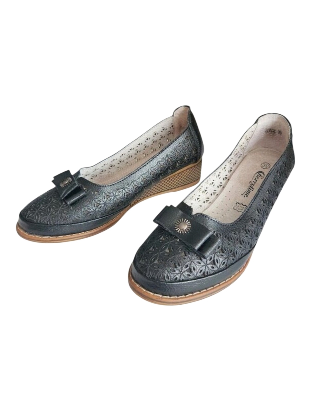 Embellished black leather wedge heels shoes slip on bow women US 8.5